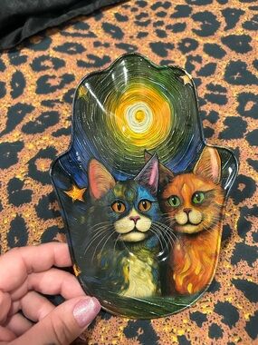 Colorful Cat Trinket Dish - Hand-Painted Night Sky Design